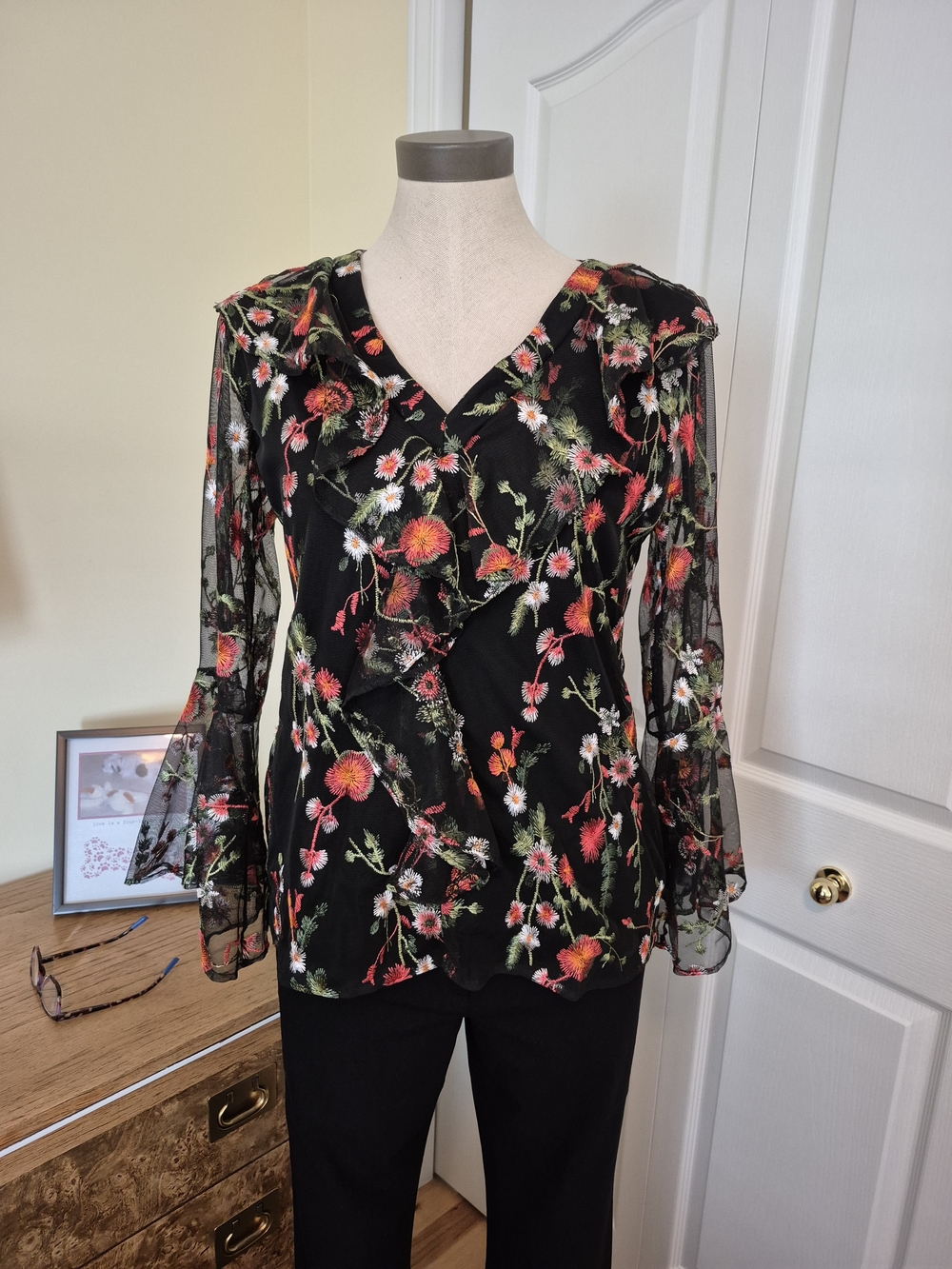 Beautiful Floral Embroidered Ruffle V-Neck Women’s Top
